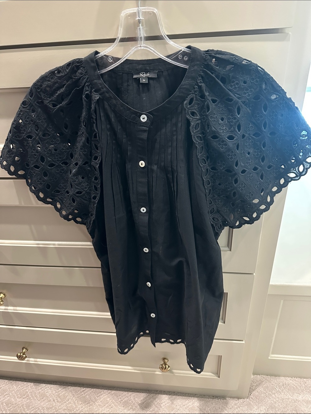 Rails Black Eyelet Puff Sleeve Button-Down Top